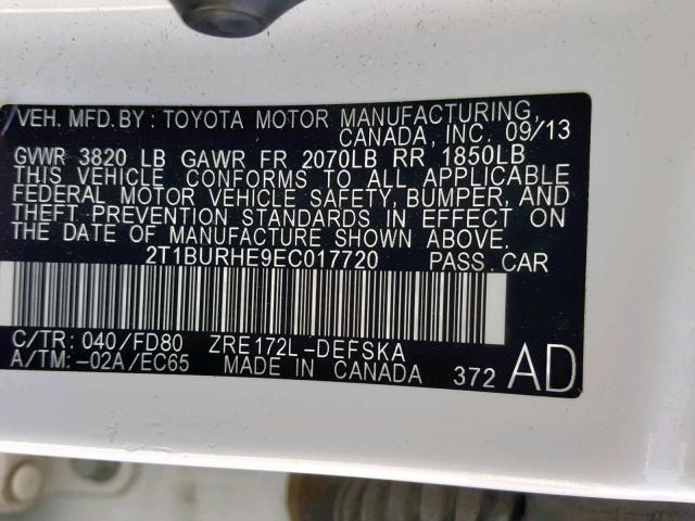 2T1BURHE9EC017720 - 2014 TOYOTA COROLLA L WHITE photo 10