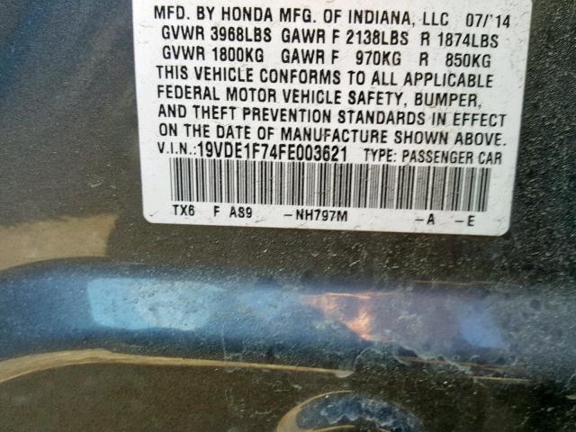 19VDE1F74FE003621 - 2015 ACURA ILX 20 TEC GRAY photo 10