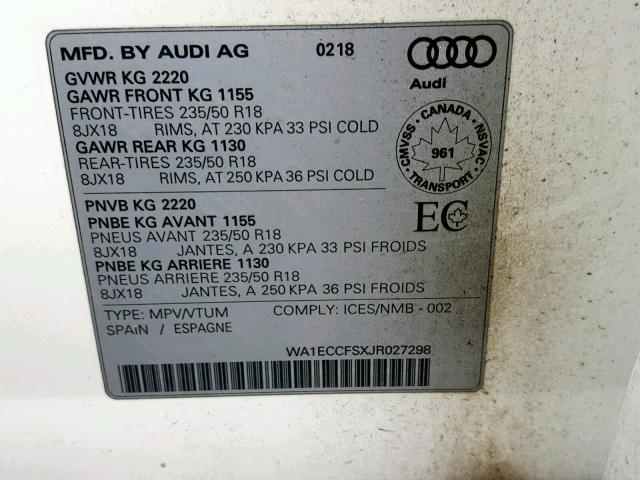 WA1ECCFSXJR027298 - 2018 AUDI Q3 PREMIUM WHITE photo 10