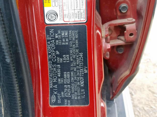 KNDJF723X77372546 - 2007 KIA SPORTAGE E RED photo 10