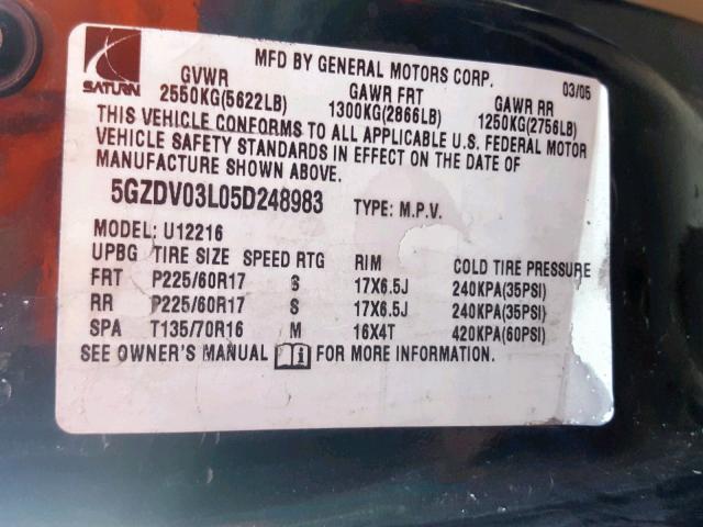 5GZDV03L05D248983 - 2005 SATURN RELAY 2 GREEN photo 10