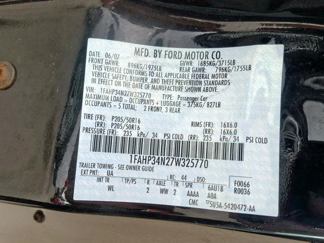 1FAHP34N27W325770 - 2007 FORD FOCUS ZX4 BLACK photo 10