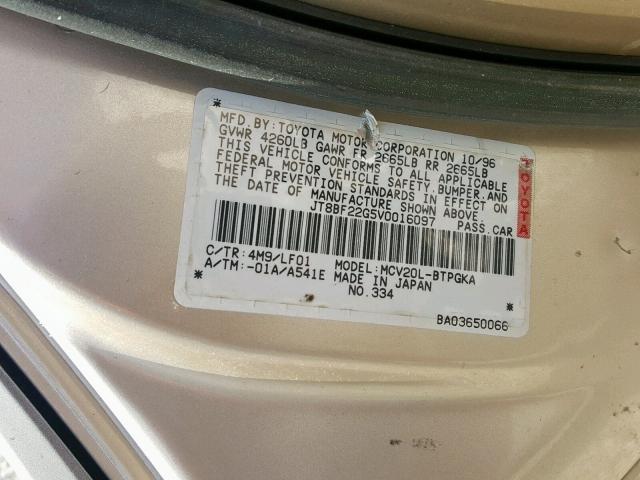 JT8BF22G5V0016097 - 1997 LEXUS ES 300 SILVER photo 10