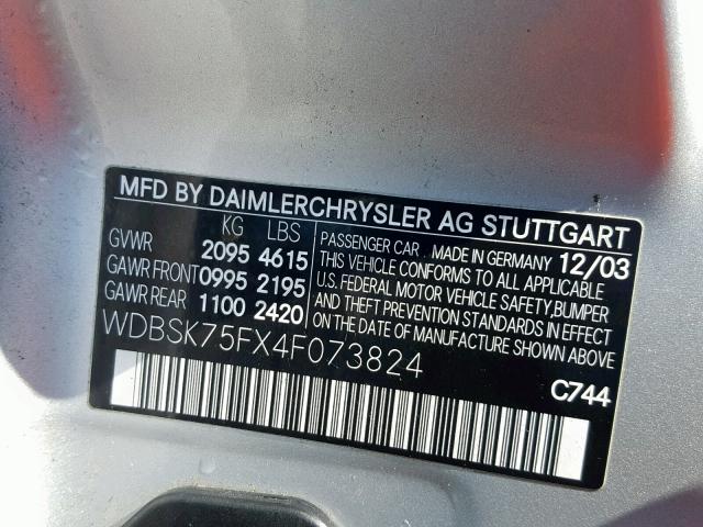 WDBSK75FX4F073824 - 2004 MERCEDES-BENZ SL 500 SILVER photo 10