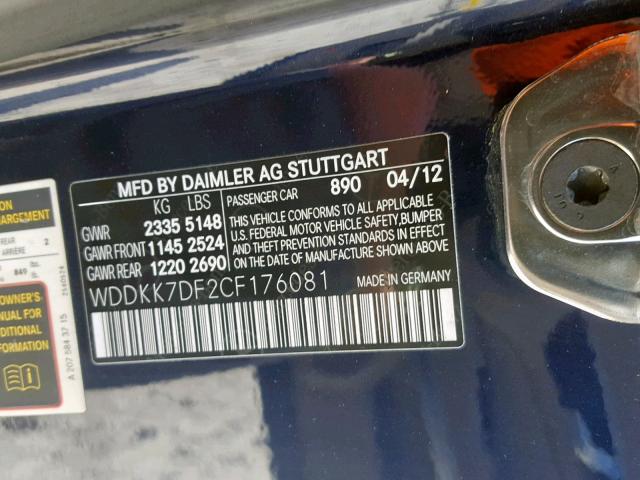 WDDKK7DF2CF176081 - 2012 MERCEDES-BENZ E 550 BLUE photo 10