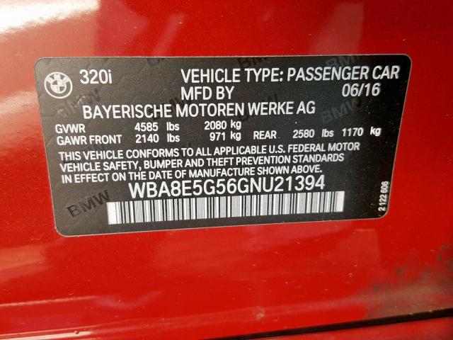 WBA8E5G56GNU21394 - 2016 BMW 320 XI RED photo 10