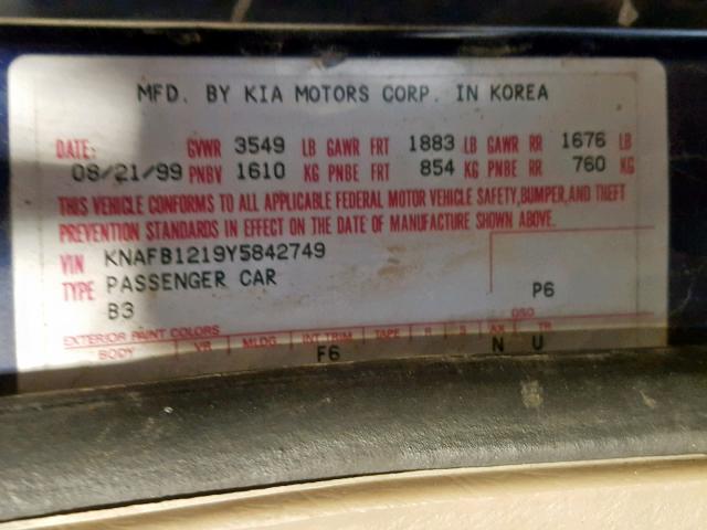 KNAFB1219Y5842749 - 2000 KIA SEPHIA BAS BLUE photo 10