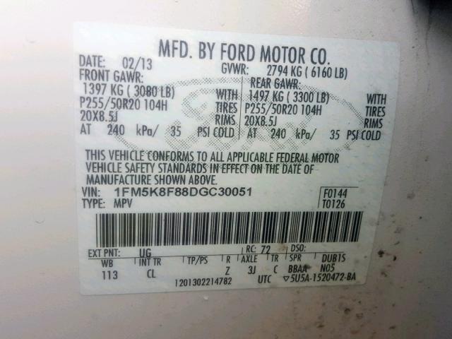 1FM5K8F88DGC30051 - 2013 FORD EXPLORER L WHITE photo 10