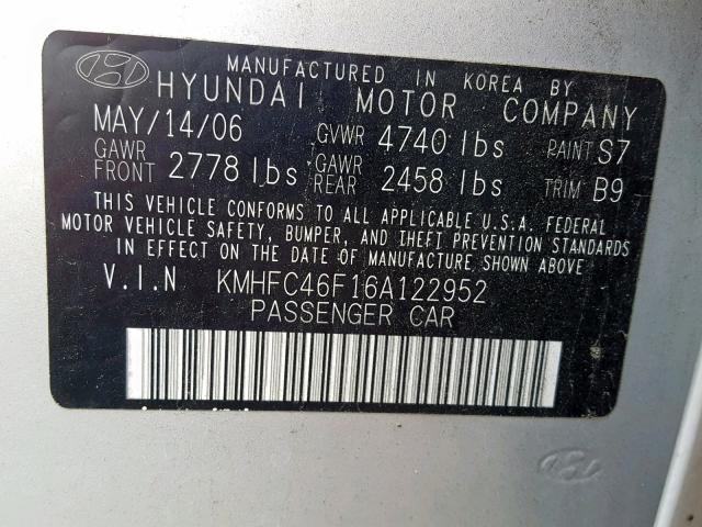 KMHFC46F16A122952 - 2006 HYUNDAI AZERA SE SILVER photo 10