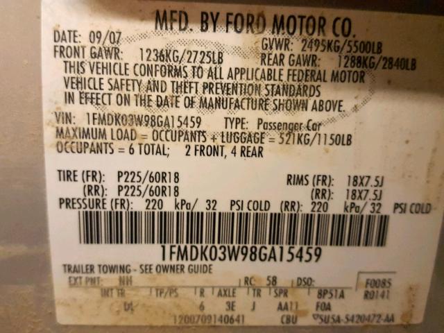 1FMDK03W98GA15459 - 2008 FORD TAURUS X L SILVER photo 10