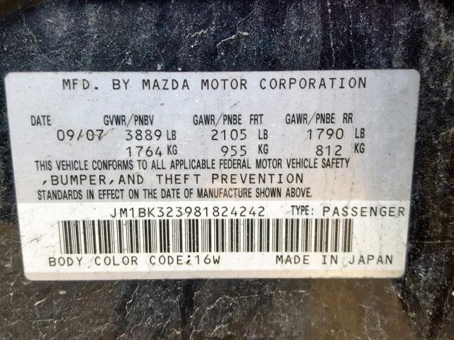 JM1BK323981824242 - 2008 MAZDA 3 S BLACK photo 10