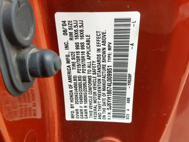 5J6YH18674L009951 - 2004 HONDA ELEMENT EX ORANGE photo 10