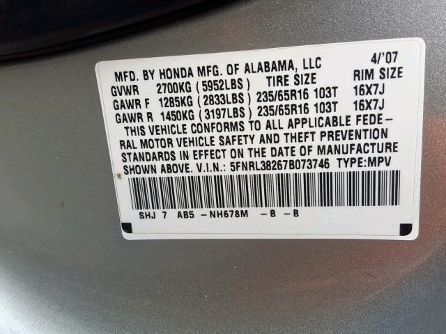 5FNRL38267B073746 - 2007 HONDA ODYSSEY LX SILVER photo 10