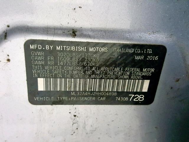 ML32A4HJ2HH004898 - 2017 MITSUBISHI MIRAGE SE GRAY photo 10