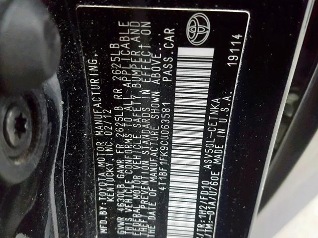 4T1BF1FK9CU063581 - 2012 TOYOTA CAMRY BASE CHARCOAL photo 10