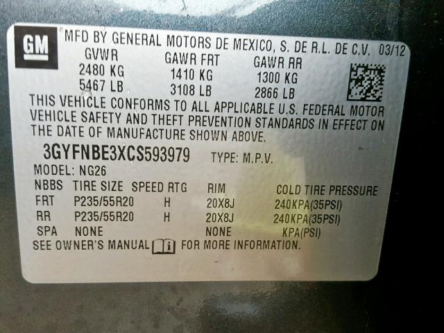 3GYFNBE3XCS593979 - 2012 CADILLAC SRX PERFOR GRAY photo 10