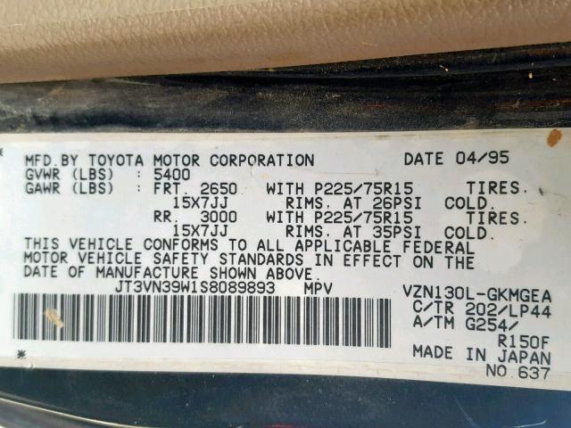 JT3VN39W1S8089893 - 1995 TOYOTA 4RUNNER VN BLACK photo 10