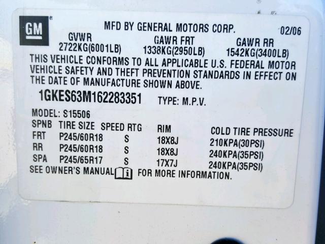 1GKES63M162283351 - 2006 GMC ENVOY DENA WHITE photo 10