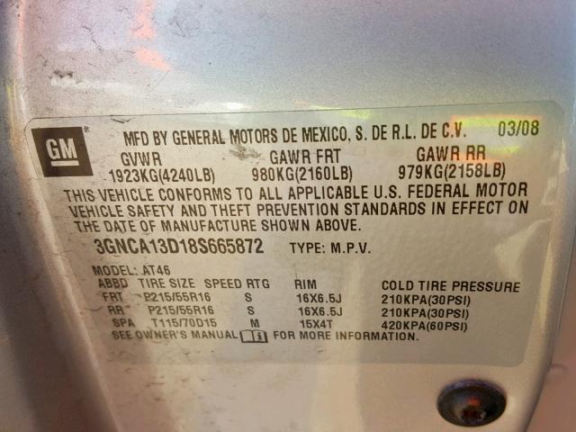 3GNCA13D18S665872 - 2008 CHEVROLET HHR LS Plata foto 10