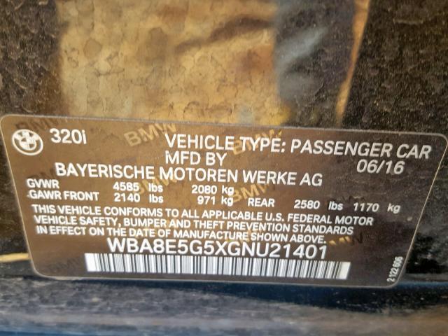 WBA8E5G5XGNU21401 - 2016 BMW 320 XI BLACK photo 10