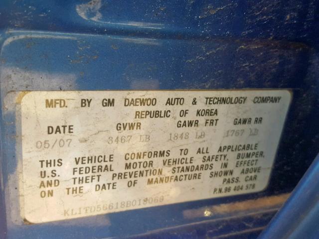 KL1TD56618B018069 - 2008 CHEVROLET AVEO BASE BLUE photo 10