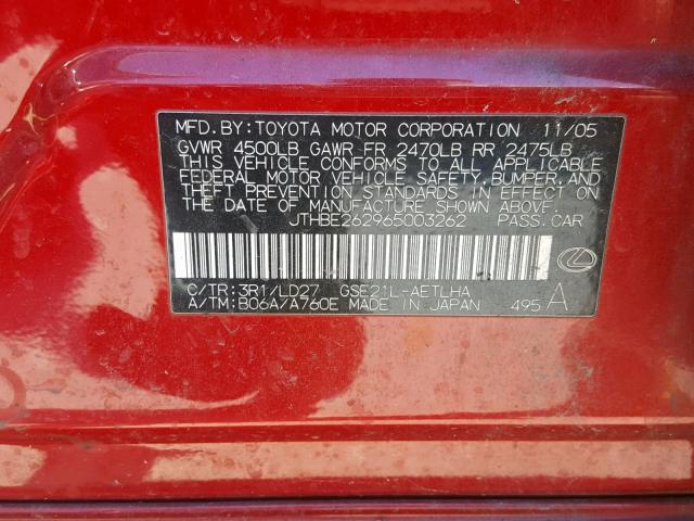 JTHBE262965003262 - 2006 LEXUS IS 350 RED photo 10