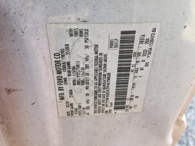 1FTYR10DX7PA79826 - 2007 FORD RANGER WHITE photo 10