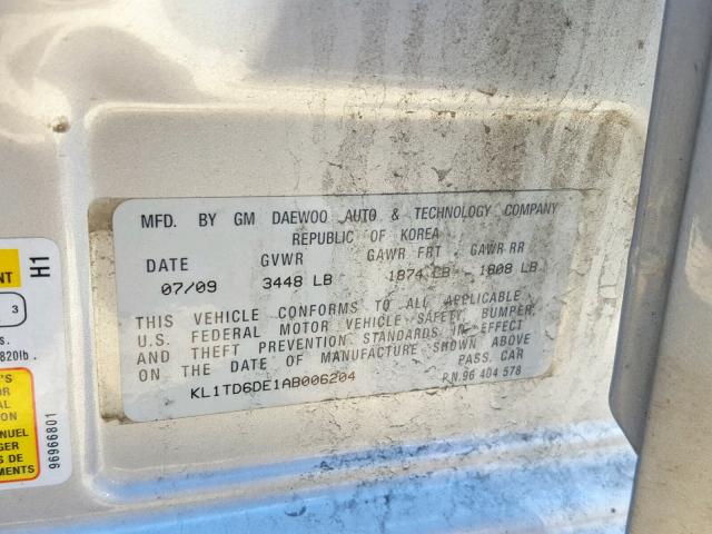 KL1TD6DE1AB006204 - 2010 CHEVROLET AVEO LS SILVER photo 10