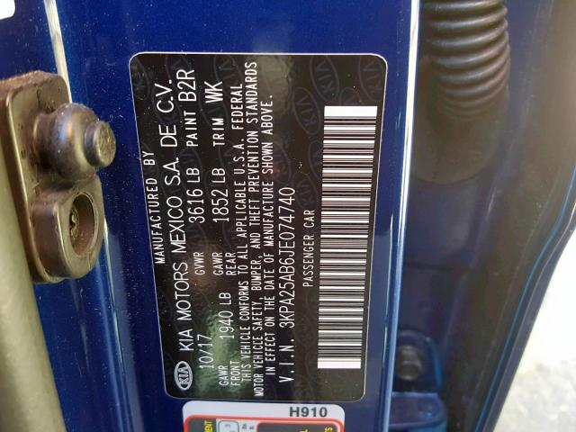 3KPA25AB6JE074740 - 2018 KIA RIO LX BLUE photo 10