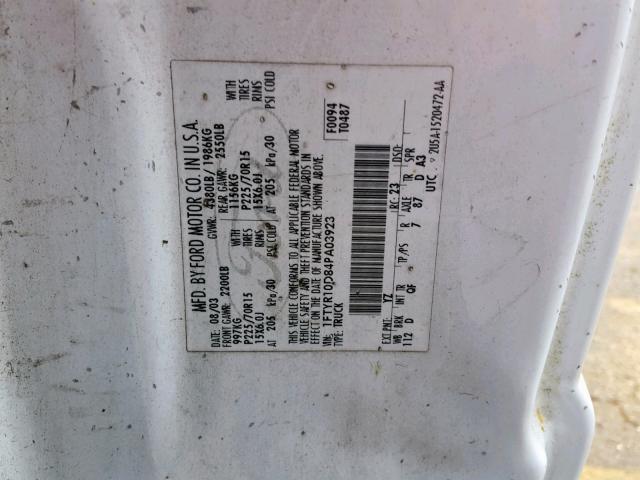 1FTYR10D84PA03923 - 2004 FORD RANGER WHITE photo 10