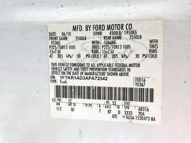 1FTKR1AD3APA72342 - 2010 FORD RANGER WHITE photo 10