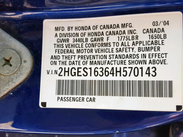 2HGES16364H570143 - 2004 HONDA CIVIC DX V BLUE photo 10