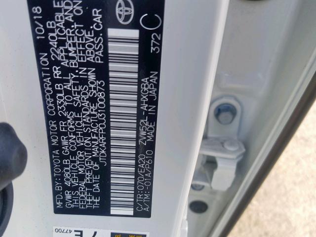 JTDKARFP0J3100873 - 2018 TOYOTA PRIUS PRIM 白色 照片 10