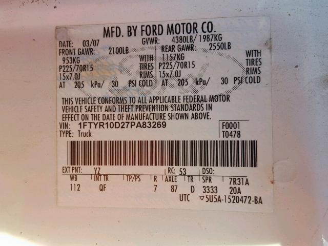 1FTYR10D27PA83269 - 2007 FORD RANGER WHITE photo 10