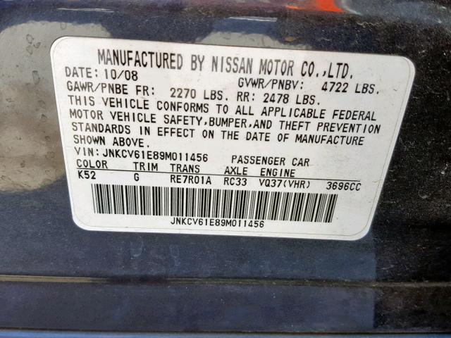 JNKCV61E89M011456 - 2009 INFINITI G37 BASE BLUE photo 10