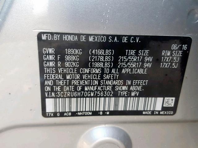 3CZRU6H70GM756302 - 2016 HONDA HR-V EXL SILVER photo 10