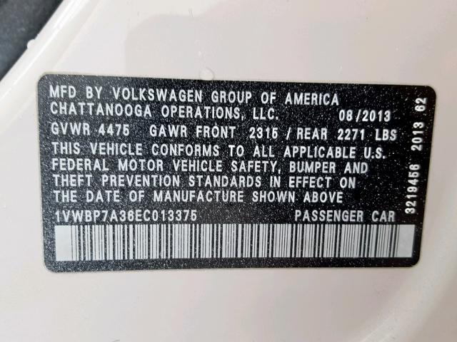 1VWBP7A36EC013375 - 2014 VOLKSWAGEN PASSAT SE WHITE photo 10