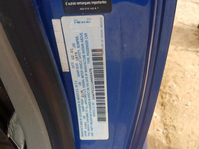 3VWCP21C11M465475 - 2001 VOLKSWAGEN NEW BEETLE Blau Foto 10