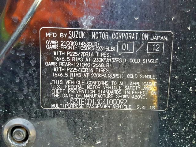 JS3TE0D13C4100092 - 2012 SUZUKI GRAND VITA BLACK photo 10