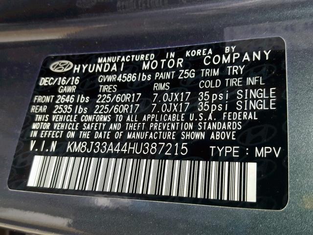 KM8J33A44HU387215 - 2017 HYUNDAI TUCSON LIM GRAY photo 10