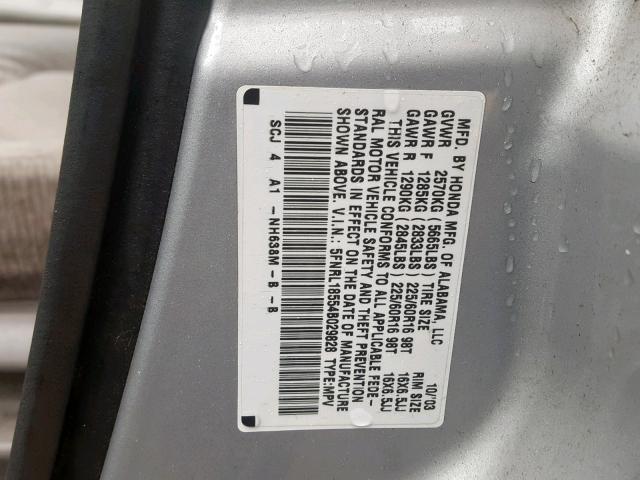 5FNRL18554B029828 - 2004 HONDA ODYSSEY LX SILVER photo 10