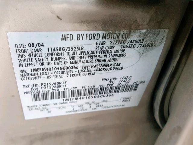 1MEFM40105G600366 - 2005 MERCURY MONTEGO LU GOLD photo 10