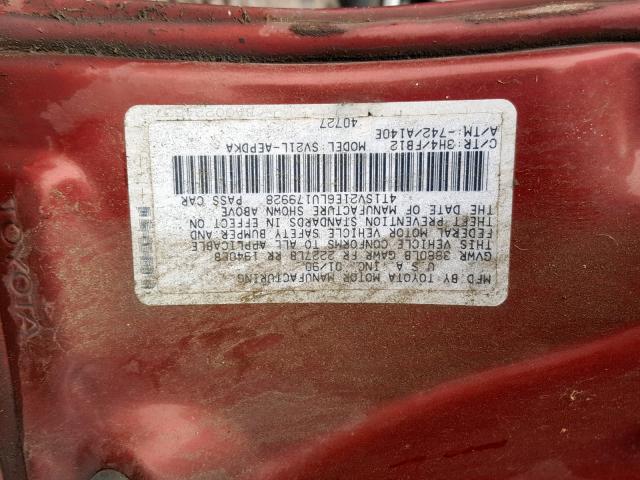 4T1SV21E6LU179928 - 1990 TOYOTA CAMRY DLX მუქწითელი ფოტო 10