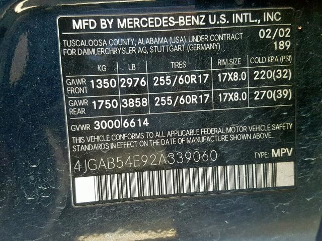 4JGAB54E92A339060 - 2002 MERCEDES-BENZ ML 320 BLUE photo 10