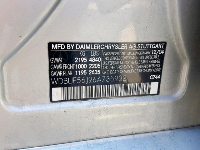 WDBUF56J96A735932 - 2006 MERCEDES-BENZ E 350 SILVER photo 10