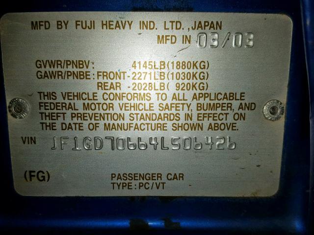 JF1GD70664L506426 - 2004 SUBARU IMPREZA WR BLUE photo 10