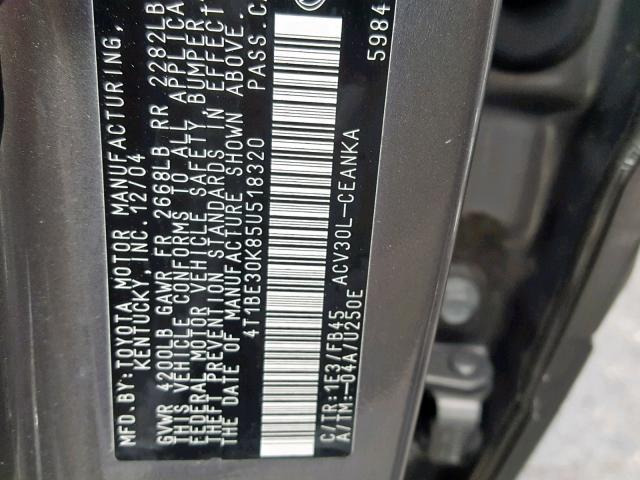 4T1BE30K85U518320 - 2005 TOYOTA CAMRY LE ნაცრისფერი ფოტო 10