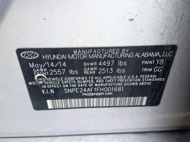 5NPE24AF1FH001681 - 2015 HYUNDAI SONATA SE SILVER photo 10