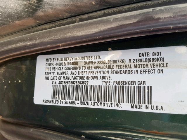 4S3BE635026203622 - 2002 SUBARU LEGACY L GREEN photo 10