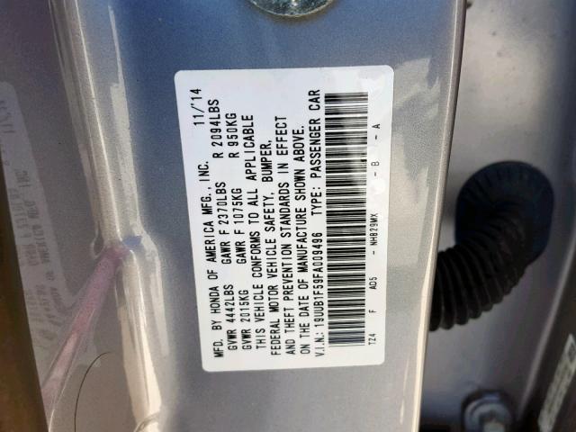 19UUB1F59FA009496 - 2015 ACURA TLX TECH GRAY photo 10